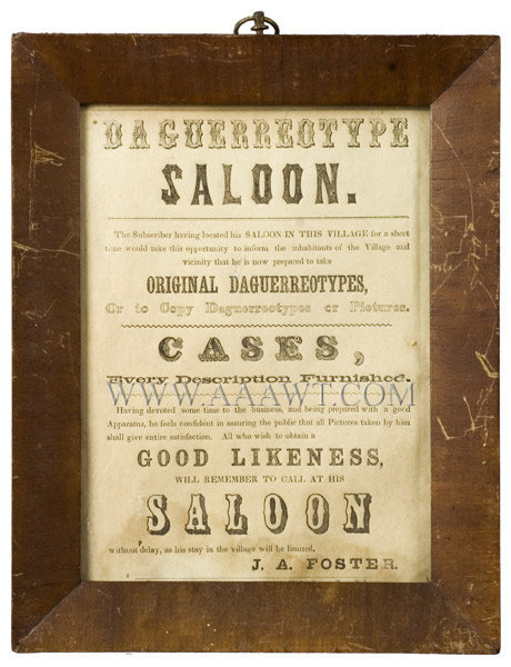 Daguerreotype Saloon, Broadside, For Traveling Photographer J.A. Foster
Printed by Henry L. Tillinghast, Providence, Rhode Island, entire view